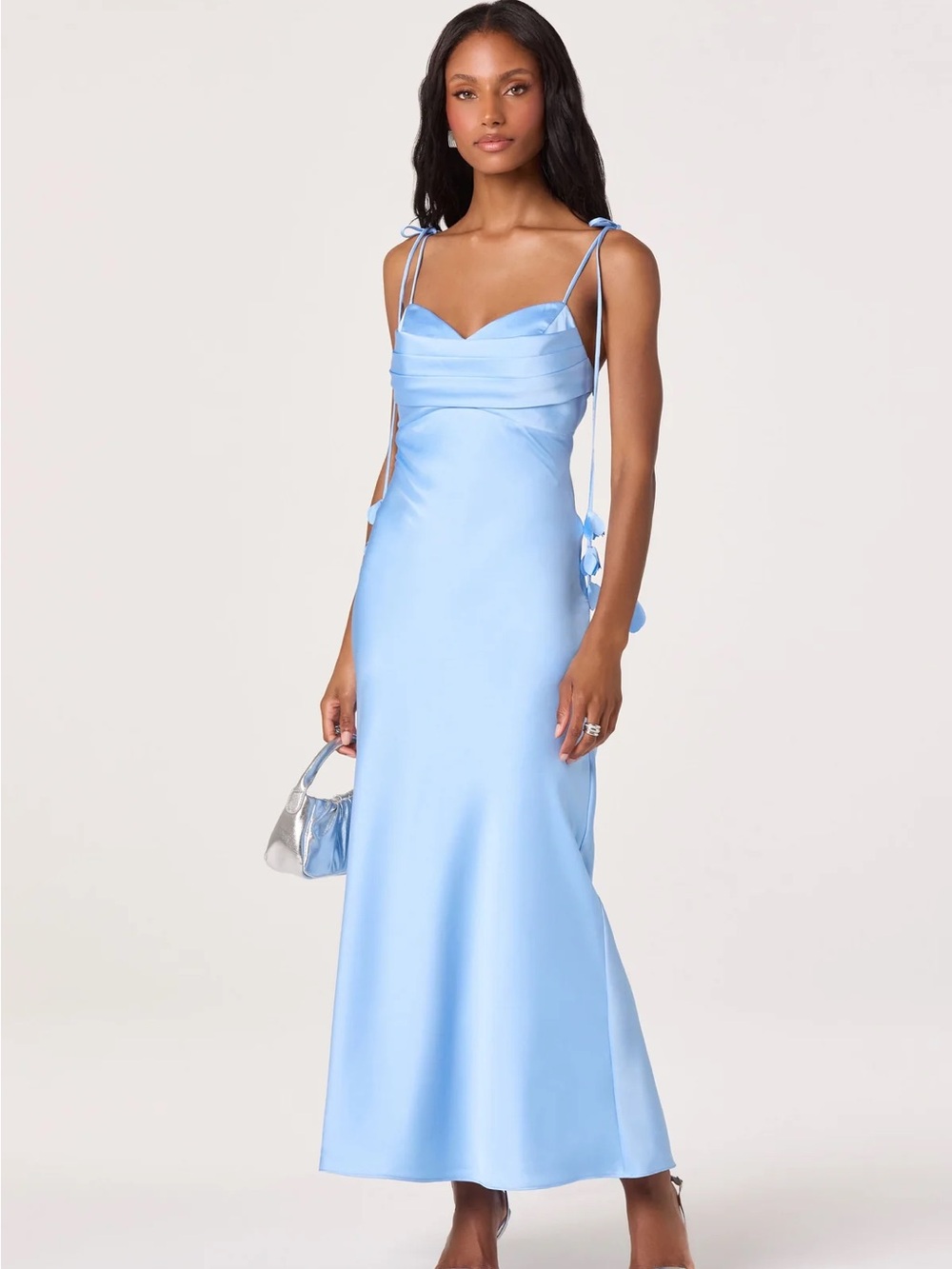 Astr Light Blue Satin Maxi Dress with Tie Straps